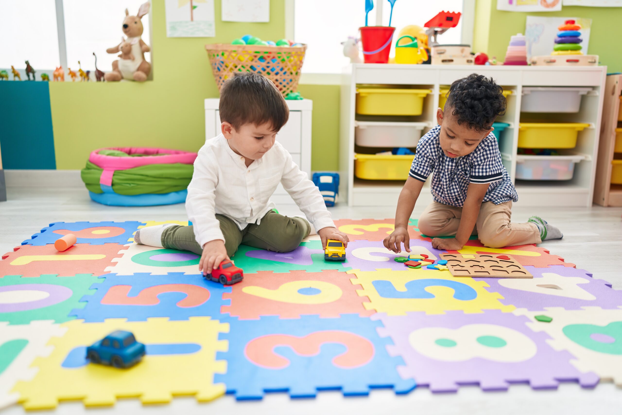 Adorable,Boys,Playing,With,Car,Toy,And,Maths,Game,At