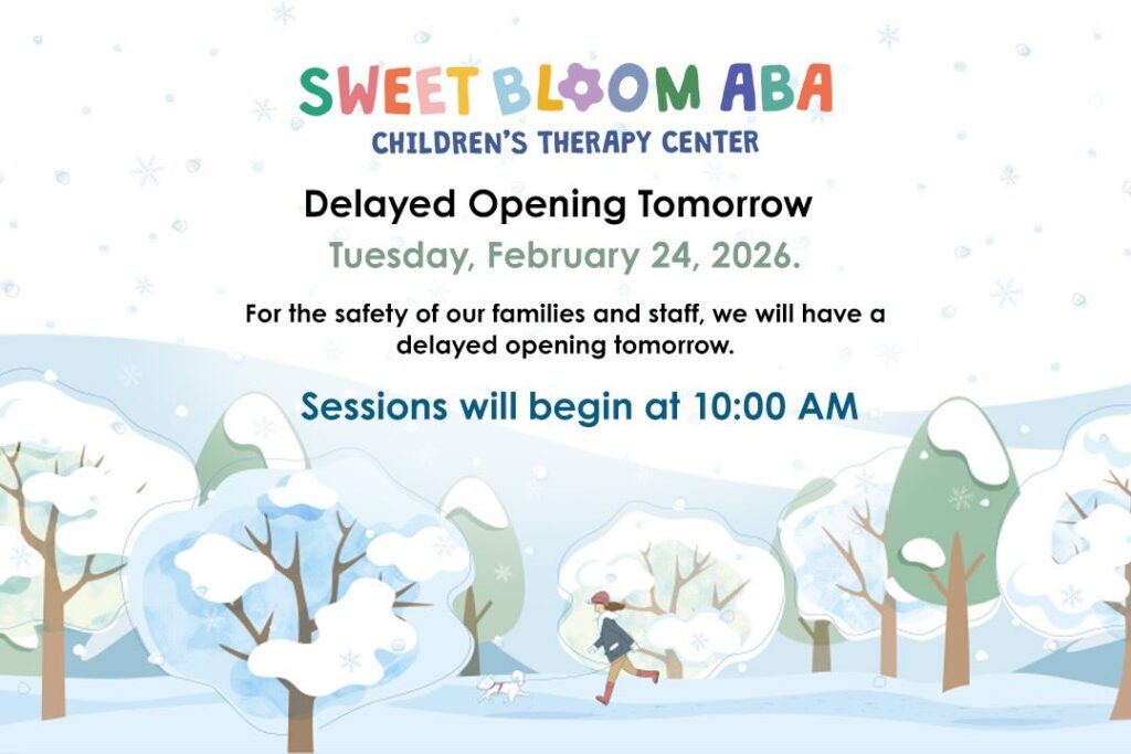 Delayed Opening Tomorrow, Feb. 24, 2026❄️
To ensure the safety of everyone, sessions will start at 10 AM and end at their usual times. 

#sweetbloomaba #midlandpark #centerbasedaba #delayedopening #bergencountyaba