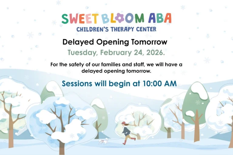 Delayed Opening Tomorrow, Feb. 24, 2026❄️
To ensure the safety of everyone, sessions will start at 10 AM and end at their usual times. 

#sweetbloomaba #midlandpark #centerbasedaba #delayedopening #bergencountyaba