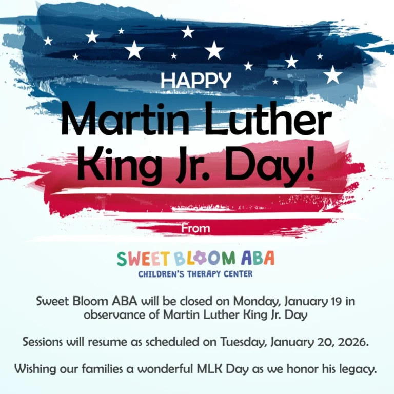 In observance of MLK Day, Sweet Bloom ABA will be closed on Monday, January 19, 2026. 

Wishing everyone a wonderful MLK Day! ✨🇺🇸

#MLK #abatherapy #bergencountyaba #centerbasedaba #inclusion
