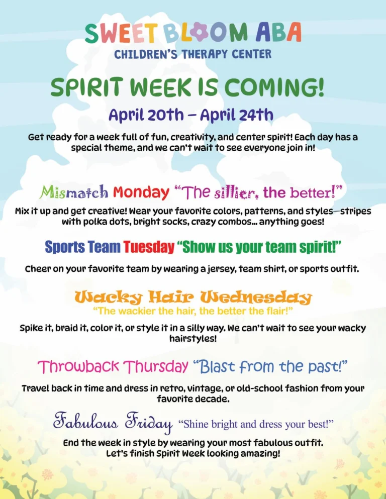 ✨Spirit Week at Sweet Bloom ABA✨
Our team and kiddos are celebrating a week full of fun themes, smiles, and lots of center spirit! 🌷🌻🌷 
#spirirtweek #ABA #bergencounty #mismatchmonday